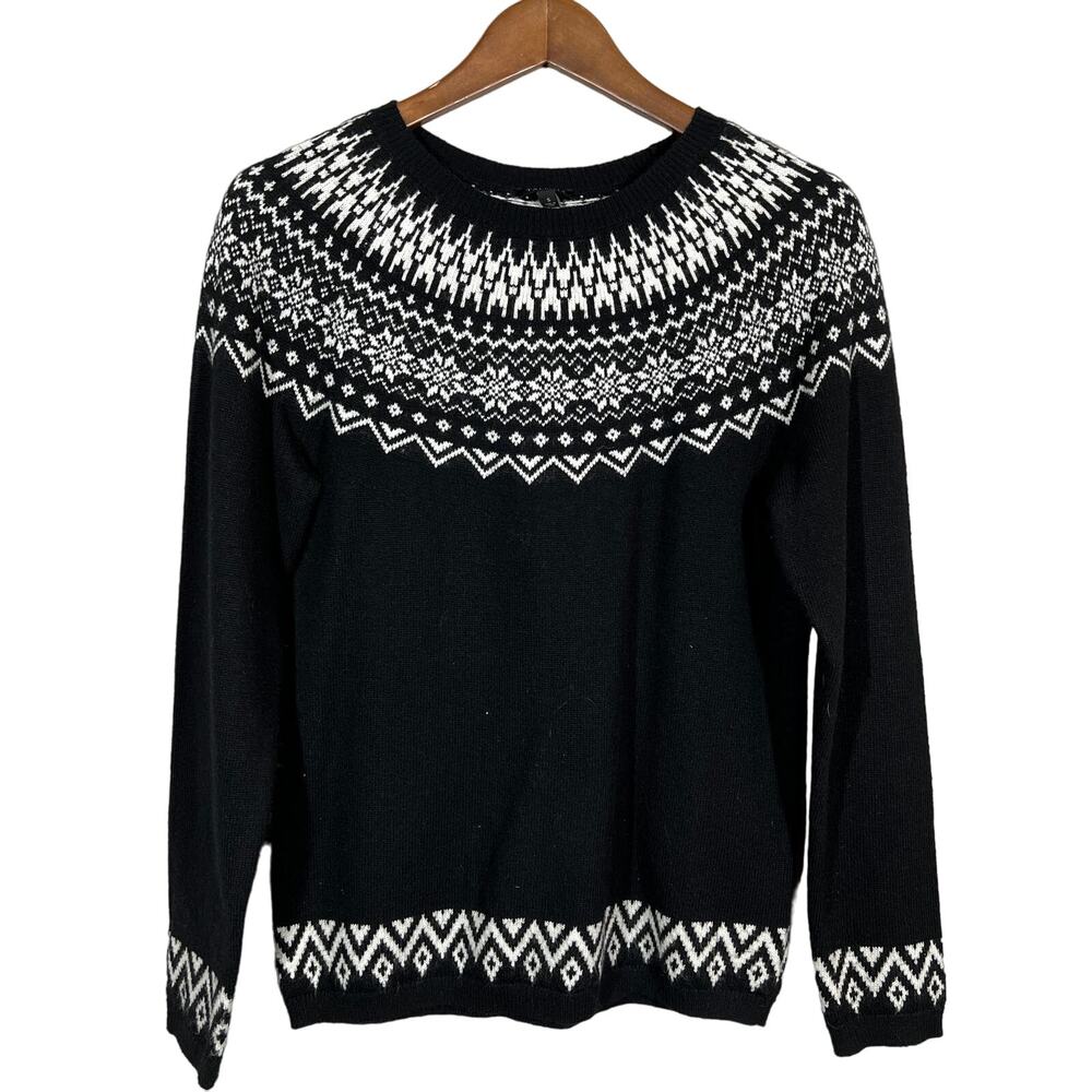 Talbots Scoop Neck Sweater Long Sleeve Snowflake Black White - S